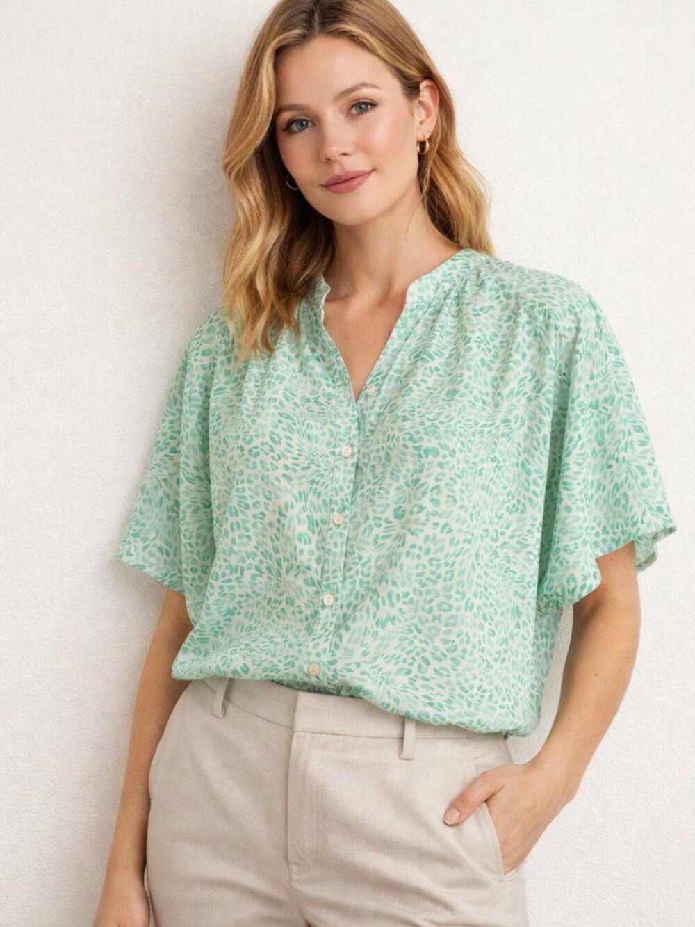 Magar Made in Italy Green Abstract Print Cotton Blouse – Size Small